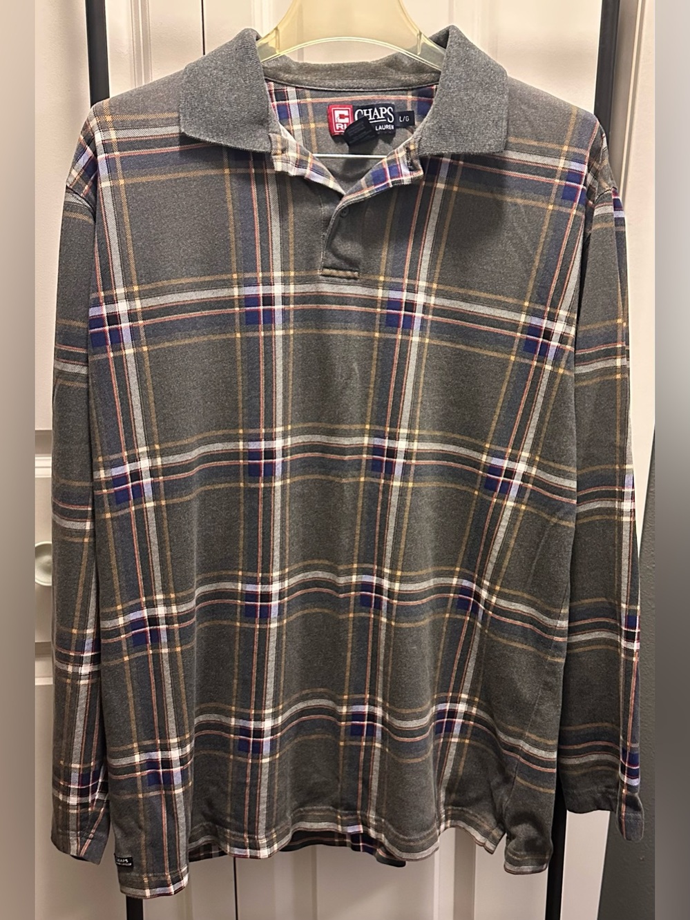 Chaps Ralph Lauren Men’s Gray Plaid Long-Sleeve Polo Shirt
